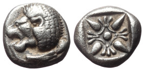 Ionia, Miletos, AR Obol or Hemihekte,(Silver, 1.15 g 9mm), Late 6th-early 5th centuries BC. 
Obv: Forepart of lion right, head left.
Rev: Stellate flo...