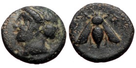 Ionia, Ephesos, AE, (Bronze, 1.26 g 10 mm), Circa 375-325 BC.
Obv: Female head left, wearing mural-crown.
Rev: E – Φ, Bee.
Ref: SNG von Aulock 1839...