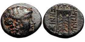 Ionia, Smyrna, Ae,(Bronze, 1.90 g 11 mm) Circa 190-170 BC,
Obv:Laureate head of Apollo right
Rev: ΣΗΝΙΣ ΣMYPNAIΩN.Tripod
Ref: SNG COP 1122