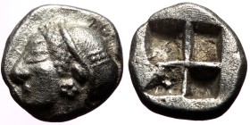 Ionia, Phokaia, AR Diobol, (Silver, 1.26 g 9 mm),Circa 521-478 BC.
Obv: Archaic female head left, wearing earring and helmet or close fitting cap.
R...
