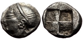 Ionia, Phokaia, AR Diobol, (Silver, 1.28 g 10mm),Circa 521-478 BC.
Obv: Archaic female head left, wearing earring and helmet or close fitting cap.
R...