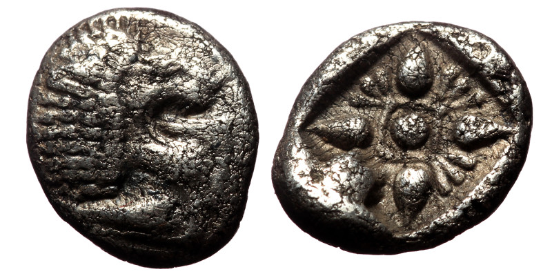Ionia, Miletos AR Diobol (Silver, 1.05g, 10mm) ca 520-450 BC 
Obv: Forepart of r...
