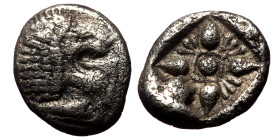 Ionia, Miletos AR Diobol (Silver, 1.05g, 10mm) ca 520-450 BC 
Obv: Forepart of roaring lion to left, head reverted 
Rev: Stellate pattern within incus...