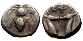 Ionia. Ephesos ,AR Diobol,(Silver, 0.93 g 9mm),Circa 390-325 BC.
Obv: Bee with straight wings within dotted border 
Rev: ΕΦ, two confronted stag’s hea...