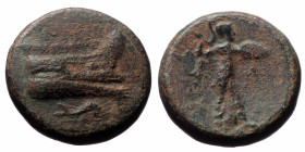 Lycia, Phaselis. Ae,(Bronze, 5.48 g 17mm), Circa 190-167 BC.
Obv: Prow right; above, crowning Nike flying right.
Rev: [ΦA].Athena advancing right, bra...