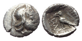 Dynasts of Lycia, Uncertain dynast, AR Hemiobol, (Silver, 0.14 g 6mm). Circa 4th century BC. 
Obv: Helmeted head of Athena right.
Rev: Eagle? standing...