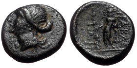Caria, Heraclea Salbace (?) AE (Bronze, 2.92g, 16mm)
Obv: Hera (?) head left
Rev: ΗΡΑΚΛΕΩΤΩΝ - Heracles standing left, holding lion skin and leaning...