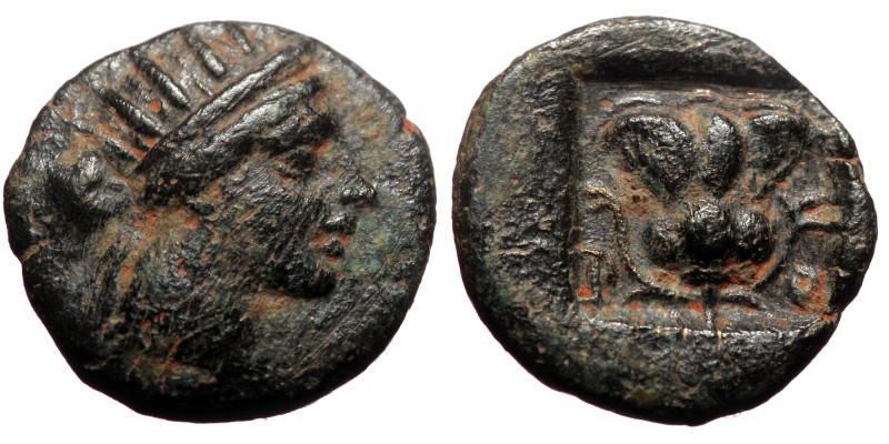 Caria. Rhodos, Ae (Bronze, 1.58 g, 12 mm), Circa 180-84 BC.
Obv:Radiate head of...