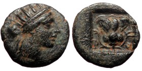 Caria. Rhodos, Ae (Bronze, 1.58 g, 12 mm), Circa 180-84 BC.
Obv:Radiate head of Helios right.
Rev: P-O flanking rose; all within incuse square.
Ref...