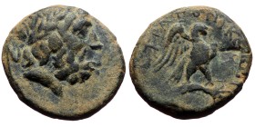 Caria, Stratonicea, Ae,(Bronze, 4.43 g 17mm), Circa 200-50 BC.
Obv: Laureate head of Zeus right
Rev: CTPATONЄIKЄΩN, eagle standing right on thunderb...