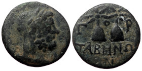Caria, Tabai, AE,(Bronze, 3.36 g 18mm), 1st century BC. 
Obv: Laureate head of Zeus to right.
Rev. TABHNΩN / Γ-O-P Caps of the Dioskouroi surmounted b...