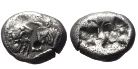 Kings of Lydia, Kroisos, AR Half Stater, (Silver, 5.25 g 16mm), Circa 564/53-550/39 BC. Sardes.
Obv: Confronted foreparts of lion and bull.
Rev: Two i...