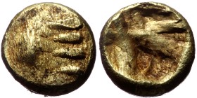 Kings of Lydia, Sardes, Time of Ardys to Alyattes, EL 1/48 Stater, (Electrum, 0.30 g 5mm), Circa 630s-564/53 BC. Sardes.
Obv: Paw of lion.
Rev: Incu...