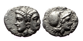 Mysia, Lampsakos, AR Diobol. (Silver, 1.13 g 12mm), 4th-3rd centuries BC.
Obv: Janiform female head.
Rev: ΛΑΜΨ, Helmeted head of Athena right within i...