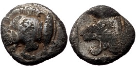 Mysia, Kyzikos. AR Diobol,(Silver, 0.96 g 10 mm), Circa 450-400 BC.
Obv: Forepart of boar left; to right, tunny upwards.
Rev: Head of lion left with...