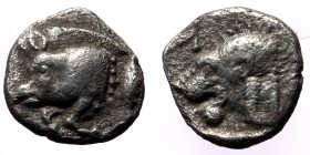 Mysia, Kyzikos. AR Obol,(Silver, 0.74 g 9mm), Circa 450-400 BC.
Obv: Forepart of boar left; tunny to right.
Rev: Head of roaring lion left; retrogra...