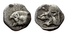 Mysia, Kyzikos, AR Hemiobol,(Silver, 0.32 g 9 mm), Circa 450-400 BC. 
Obv: Forepart of boar left; to right, tunny upward.
Rev: Head of roaring lion le...
