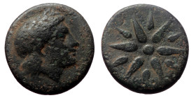 Mysia, Gambrion, Ae,(Bronze, 3.81 g 17mm), 4th century BC.
Obv: Laureate head of Apollo right.
Rev: [Γ-Α-Μ].Star of twelve rays.
Ref: SNG France 908-2...