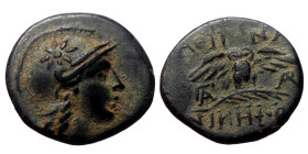 Mysia, Pergamon, AE, (Bronze,2.91 g 16mm), Circa 200-133 BC.
Obv: Head of Athena right, wearing helmet decorated with star.
Rev: [AΘHNAΣ] NIKHΦOPOY, O...