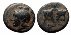 Mysia, Pergamon. Ae,(Bronze, 4.30 g 17mm), Circa 310-282 BC.
Obv: Helmeted and laureate head of Athena left.
Rev: [ΠEΡΓA], Confronted heads of bulls; ...