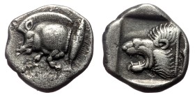 Mysia, Kyzikos, AR Diobol (Silver, 1.17 g, 11 mm), Circa 525-475 BC.
Obv: Forepart of boar tunny-fish behind.
Rev: Head of lion with open jaws and t...