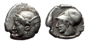 Mysia, Lampsakos, AR Diobol, (Silver,1.15 g 10mm), Circa 500-450 BC.
Obv: Janiform female head.
Rev: Helmeted head of Athena left within incuse squa...