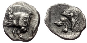 Mysia, Kyzikos, AR Obol, (Silver, 0.78 g 11mm), Circa 450-400 BC.
Obv: Forepart of boar left, E (retrograde) on shoulder; to right, tunny upward.
Re...