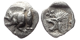 Mysia, Kyzikos, AR Hemiobol, (Silver,0.36 g 9mm), Circa 450-400 BC. 
Obv: Forepart of boar left; to right, tunny upward.
Rev: Head of roaring lion lef...