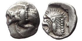 Mysia, Kyzikos, AR Hemiobol, (Silver,0.32 g 8mm), Circa 450-400 BC. 
Obv: Forepart of boar left; to right, tunny upward.
Rev: Head of roaring lion lef...