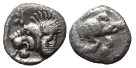 Mysia, Kyzikos, AR Hemiobol,(Silver, 0.29 g 7mm), 450-400 BC. 
Obv: Forepart of boar right, tunny behind.
Rev: Head of lion left; retrograde K to uppe...