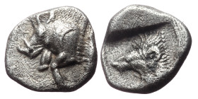Mysia, Kyzikos, AR Hemiobol, (Silver, 0.46 g 8mm), Circa 450-400 BC. 
Obv: Forepart of boar left, crescent on shoulder; to right, tunny upward.
Rev: H...