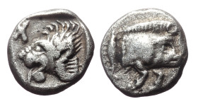 Mysia, Kyzikos, AR Hemiobol,(Silver, 0.36 g 4 mm), 450-400 BC. 
Obv: Forepart of boar right, tunny behind.
Rev: Head of lion left; retrograde K to upp...