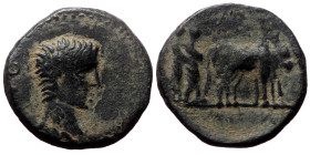 Macedonia, Philippi? Tiberius. AE. (Bronze, 2.44 g. 16mm.) 14-37 AD. 
Obv: TI AVG. Bare head of Tiberius, r.
Rev: Two priests ploughing, r.
Ref: BMC 8...