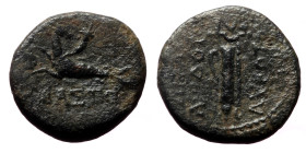 Caria, Trapezopolis. Augustus. AE. (Bronze, 2.60 g. 13 mm.) 31 BC-14 AD. Magistrate, Apollodotos Lykotou.
Obv: [Σ]ΕΒΑΣΤΟ[Σ]. Capricorn, left, with cor...