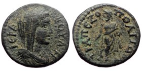 Caria. Trapezopolis. Pseudo-autonomous. AE. (Bronze, 3.18 g. 18 mm.) 2nd century AD.
Obv: ΙƐΡΑ ΒΟVΛΗ. Veiled and draped bust of the Boule, right.
Re...