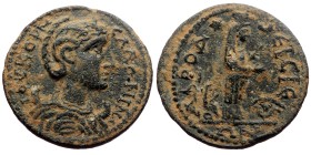 Caria, Aphrodisias. Salonina, Augusta. AE. (Bronze, 6.47 g. 22 mm.) 253-268 AD.
Obv: Draped bust of Salonina, right, wearing stephane.
Rev: Cult sta...