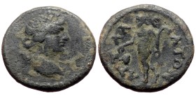 Lydia, Attalea. Pseudo-autonomous. AE. (Bronze, 2.74 g. 16mm.) Uncertain reign.
Obv: Head of Dionysus (youthful) wearing diadem and ivy wreath, right...