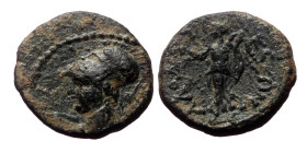 Phrygia, Laodicea ad Lycum AE (Bronze, 2,34g, 15mm) Issue: Late first century?
Obv: helmeted and cuirassed bust (with aegis) of Athena, l.
Rev: ΛΑΟΔΙΚ...