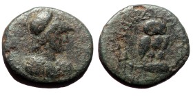 Phrygia, Synnada. AE. (Bronze, 2.89 g 14mm.) Time of the Antonines (138-192).
Obv: Helmeted bust of Athena right, wearing aegis.
Rev: CVNNAΔЄΩN. Owl...