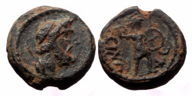 Pamphylia. Sillyum. Pseudo-autonomous. AE. (Bronze, 2.33g. 22 mm.) 1st-3rd centuries AD.
Obv: Head of Zeus, right; behind sceptre
Rev: CIΛΛYE[ΩN]. Are...