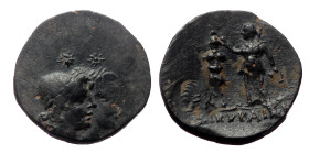 Cilicia, Cibyra Minor. AE. (Bronze, 2.54 g. 16mm) ca 2nd-1st century BC.
Obv: Jugate busts of the Dioskouroi to right, both wearing a laureate cap; ab...