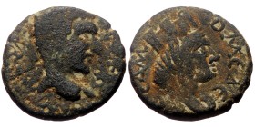 Mesopotamia, Edessa. Macrinus. AE. (Bronze, 3.34 g. 16mm.) 217-218 AD.
Obv: Legend illegible. Laureate head of Macrinus, right.
Rev: ΟΜ ЄΔЄCCΑ Μ. Tu...