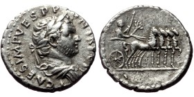 Titus as Caesar (69-79). AR, Denarius. (Silver, 3.10 g. 16 mm.) Antioch. Judea Capta.
Obv: T CAES IMP VESP P[ON TR POT]. Bust of Titus, laureate and ...