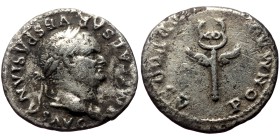 Vespasin (69-79). AR, Denarius. (Silver, 3.09 g. 18mm.) Rome.
Obv: IMP CAESAR VESPASIANVS AVG. Head of Vespasian, laureate, right.
Rev: PON MAX TR P...