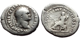Titus (79-81) AR Denarius (Silver,3.30g, 19mm) Rome.
Obv: IMP TITVS CAES VESPASIAN AVG P M, Laureate head right.
Rev: TR P VIIII IMP XV COS VII P P,...