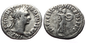 Domitian (81-96). AR, Denarius. (Silver, 2.66 g. 18 mm.) Rome.
Obv: IMP CAES DOMIT AVG GERM P M TR P XV. Laureate, draped and cuirassed bust right.
Re...