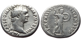 Domitian (81-96). AR, Denarius. (Silver, 3.14 g. 19 mm.) Rome.
Obv: IMP CAES DOMIT AVG GERM P M TR P VII. Laureate, draped and cuirassed bust right.
R...