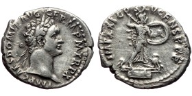 Domitian (81-96). AR, Denarius. (Silver, 3.25 g. 18 mm.) Rome.
Obv: IMP CAES DOMIT AVG GERM P M TR P X. Head of Domitian, laureate, right.
Rev: IMP ...