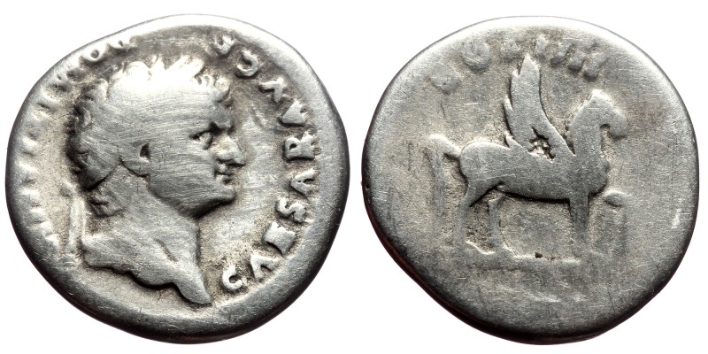Domitian (69-81). AR, Denarius. (Silver, 3.11 g. 16mm.) Rome.
Obv: CAESAR AVG F...