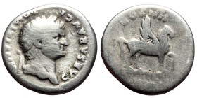 Domitian (69-81). AR, Denarius. (Silver, 3.11 g. 16mm.) Rome.
Obv: CAESAR AVG F DOMITIANVS. Head of Domitian, laureate, right.
Rev: COS IIII. Pegasu...